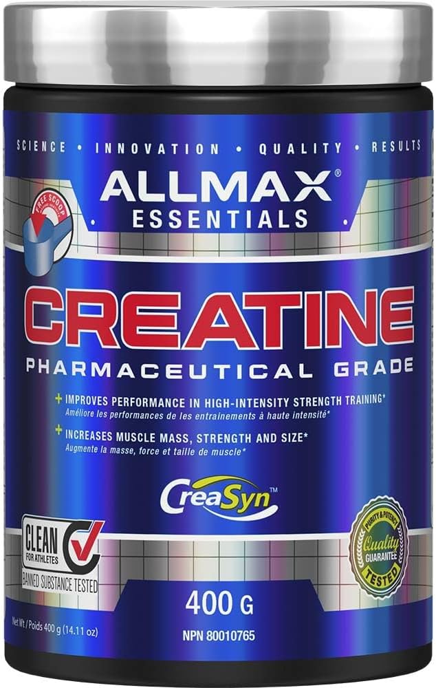 Allmax Essentials Creatine powder container with blue and black design