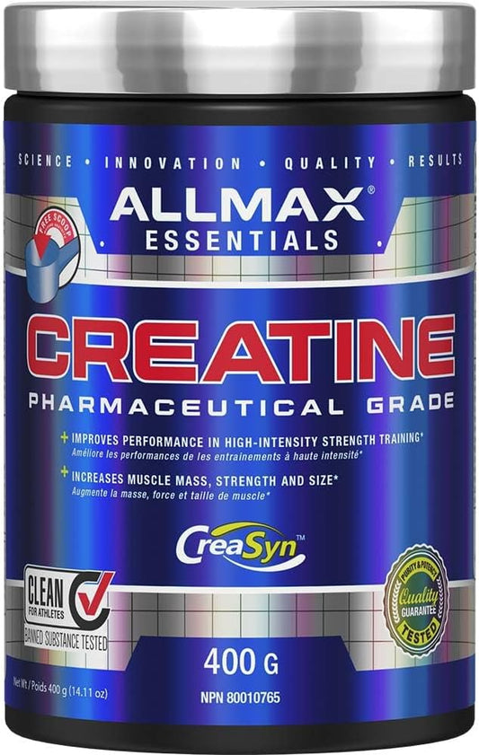 Allmax Essentials Creatine powder container with blue and black design