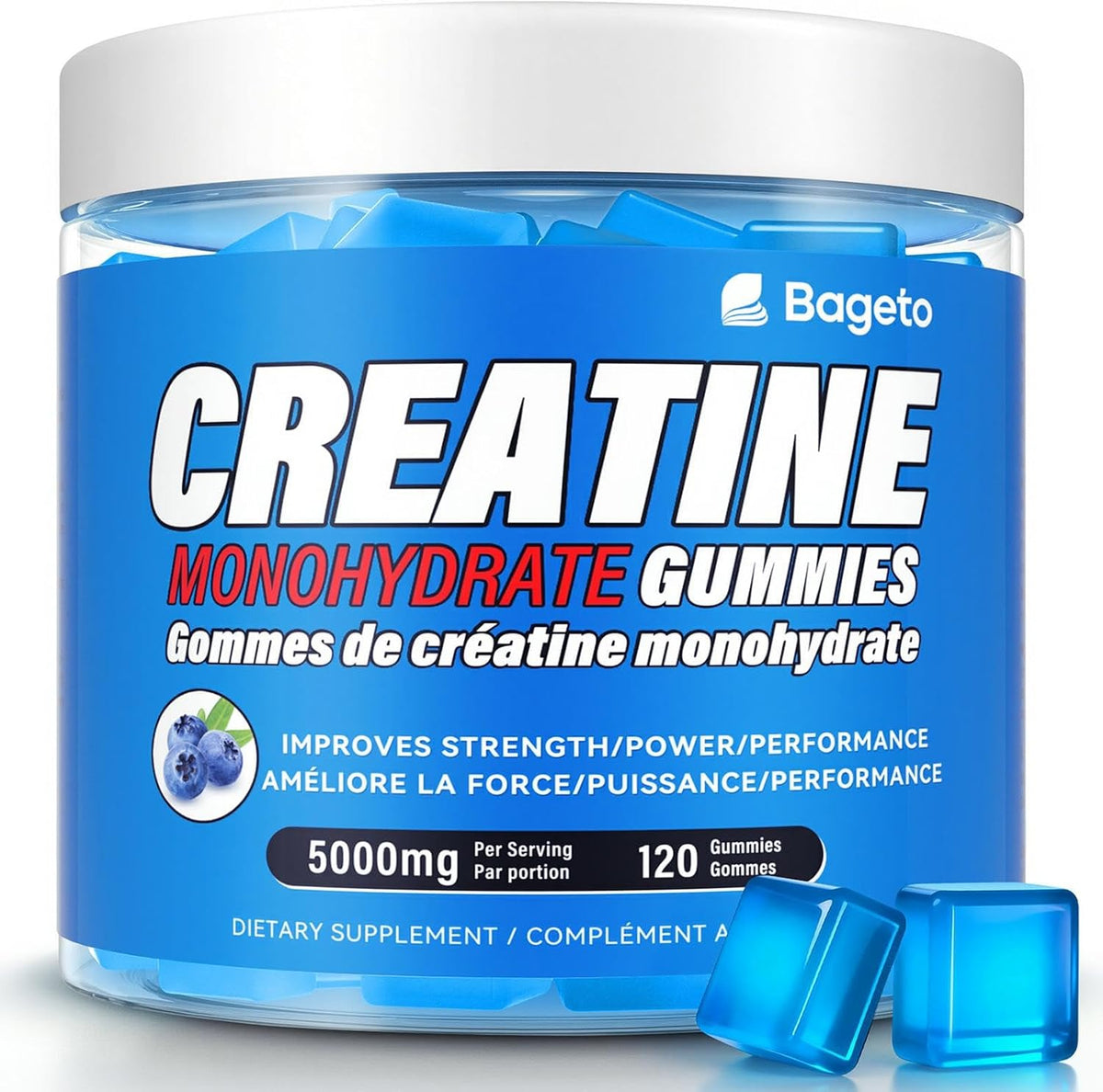 A jar of Bageto Creatine Monohydrate Gummies with blue gummies visible inside and outside the clear container, set against a clean white background.
