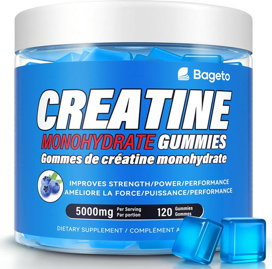 A jar of Bageto Creatine Monohydrate Gummies with blue gummies visible inside and outside the clear container, set against a clean white background.