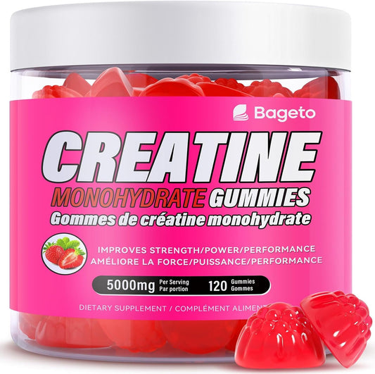 A clear plastic jar of Bageto Creatine Monohydrate Gummies with a white lid and a bright pink label, filled with red gummy bears, with three red gummies displayed in front on a white background.