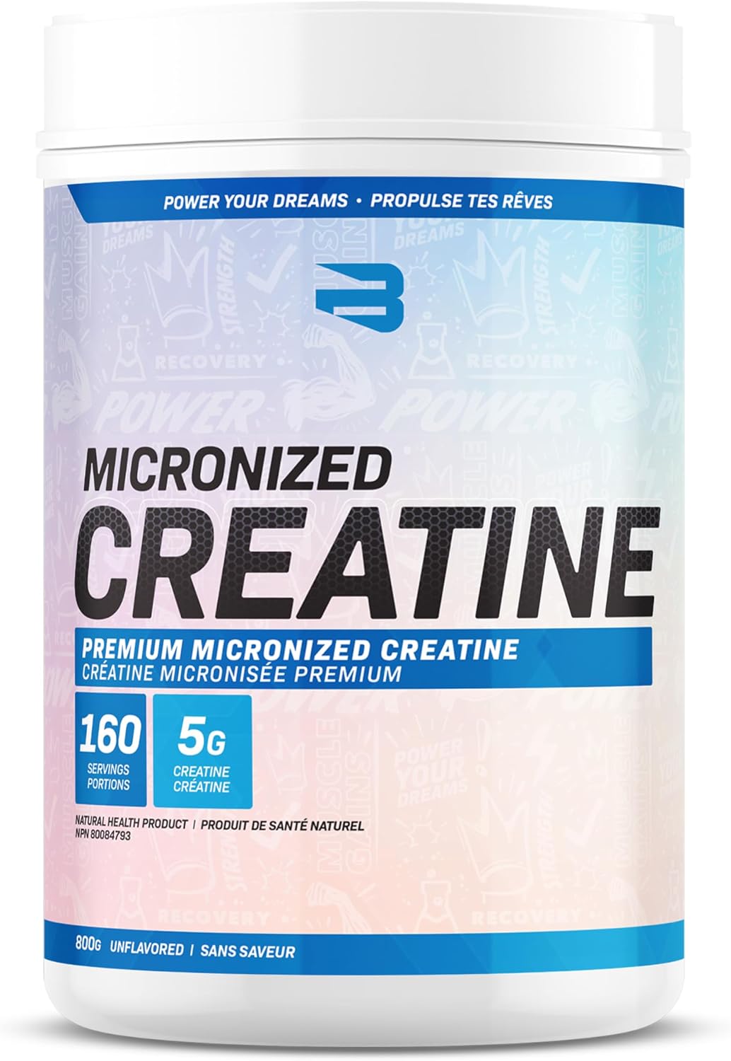 A white plastic tub of BPC003 Micronized Creatine supplement powder with a white lid, featuring a blue and white label with black text.