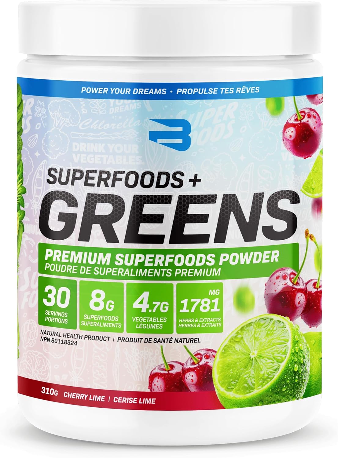 Superfoods + Greens powder container with cherry lime flavor on a white background