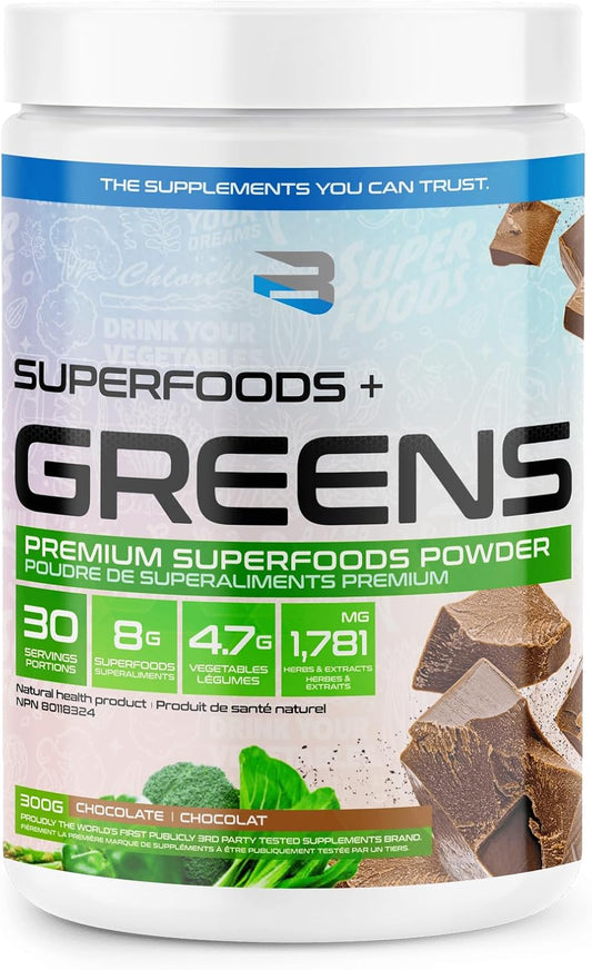 Supplement container labeled 'Superfoods + Greens' with chocolate and green elements on a white background.
