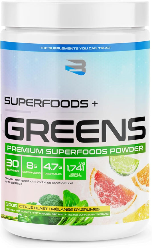Supplement container labeled 'Superfoods + Greens' with branding on a white background