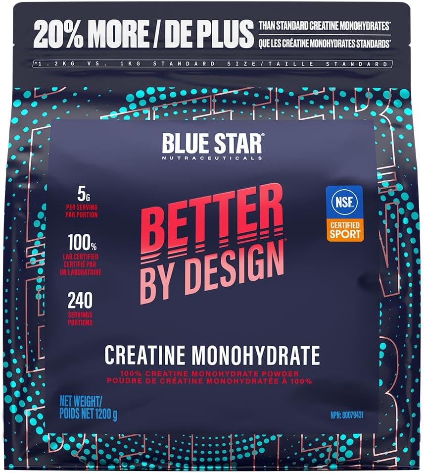 Blue Star Creatine Monohydrate powder bag, featuring a dark navy blue package with a circuit board design, red and pink text, and an NSF Certified Sport badge.