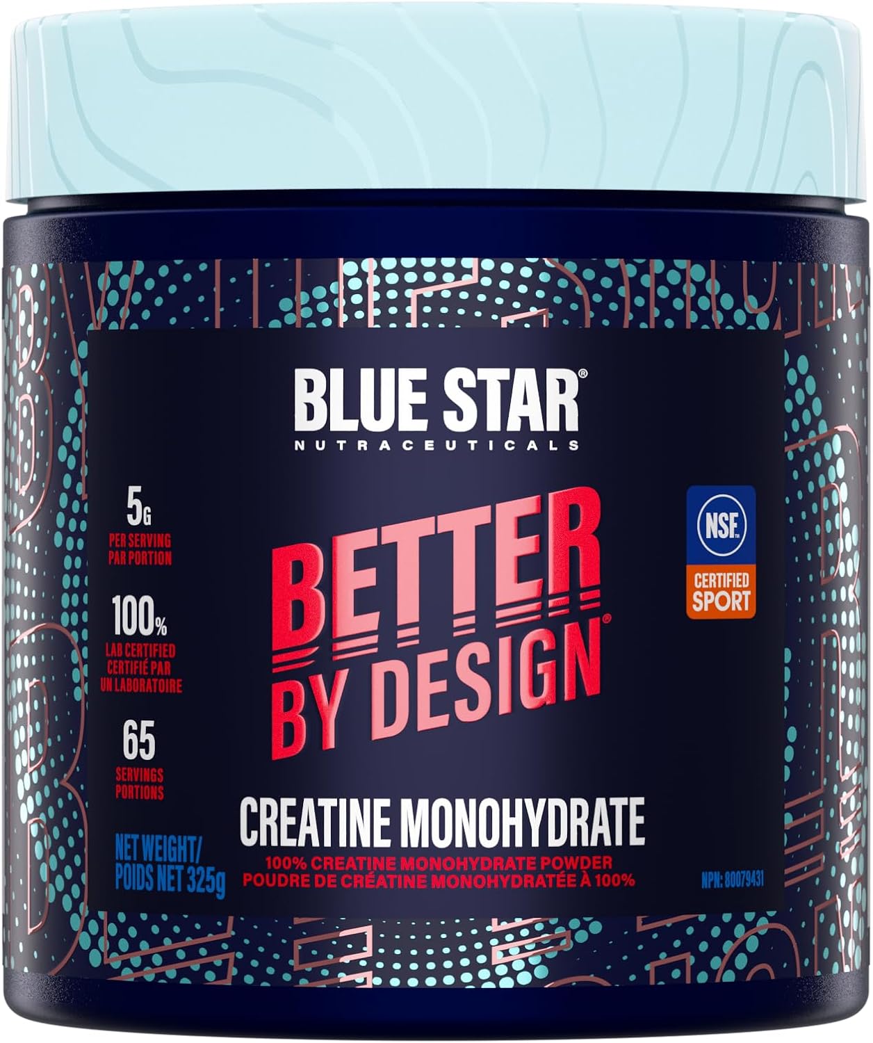 Blue Star Nutracuticals Better By Design Creatine Monohydrate powder in a dark blue jar with a light blue lid, featuring red and white text and a patterned design.