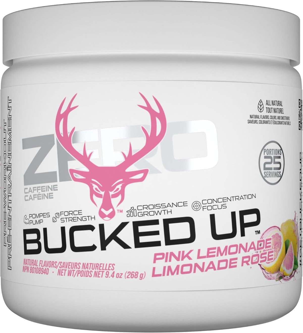 A white plastic tub of Zero Bucked Up supplement powder in Pink Lemonade Limonade Rose flavor, featuring a pink deer head logo and black and pink text on the label.