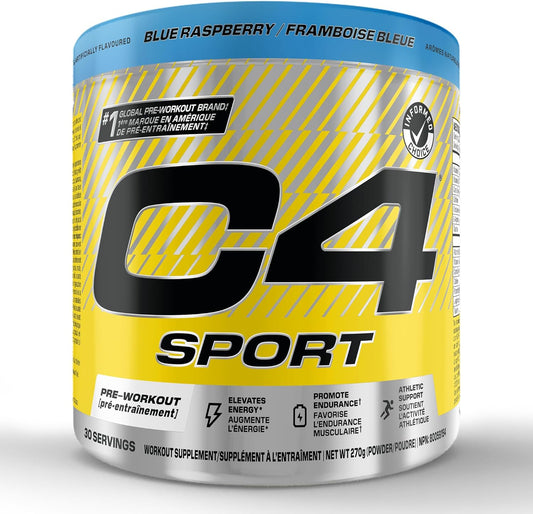 G4 Sport pre-workout supplement container with blue and yellow design on a white background