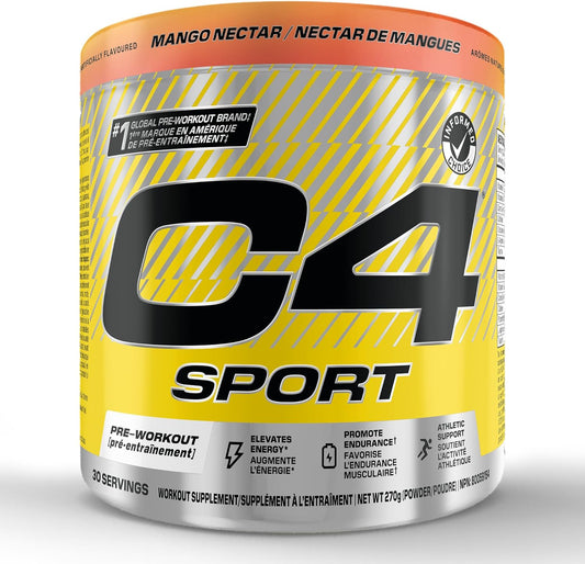 C4 Sport pre-workout supplement container with yellow and black design on a white background