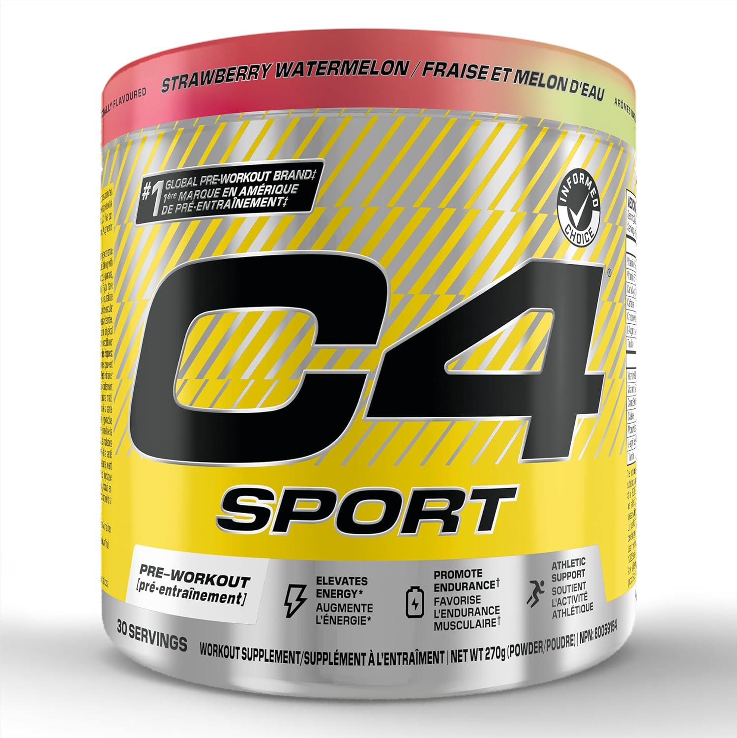 C4 Sport pre-workout supplement container with yellow and red design on a white background