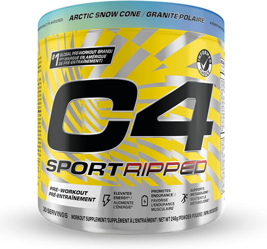 C4 Sport Ripped pre-workout supplement container with yellow and black design