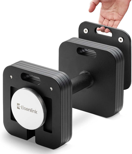 Black dumbbells with a hand holding one, branded 'Eisenlink', on a white background