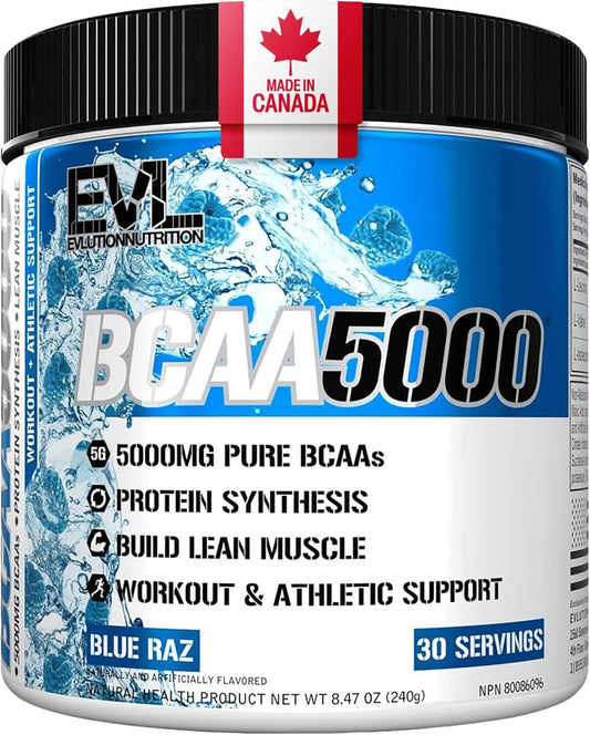 EVL BCAA 5000 supplement container with blue label and black lid