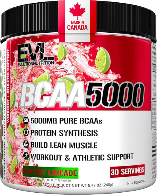 EVL BCAA 5000 supplement container with berry limeade flavor on a black background