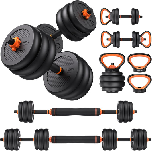 Set of adjustable dumbbells and kettlebells on a white background