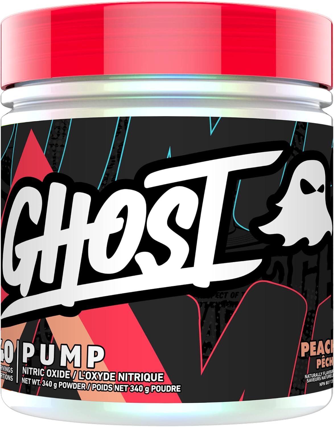 A container of Ghost Pump Nitric Oxide powder in Peach flavor, featuring a black label with white and red graphics and a bright red lid.