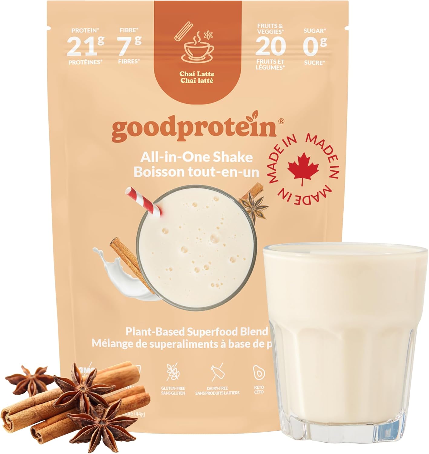 goodprotein Chai Latte shake package with a glass of shake and spices on a white background