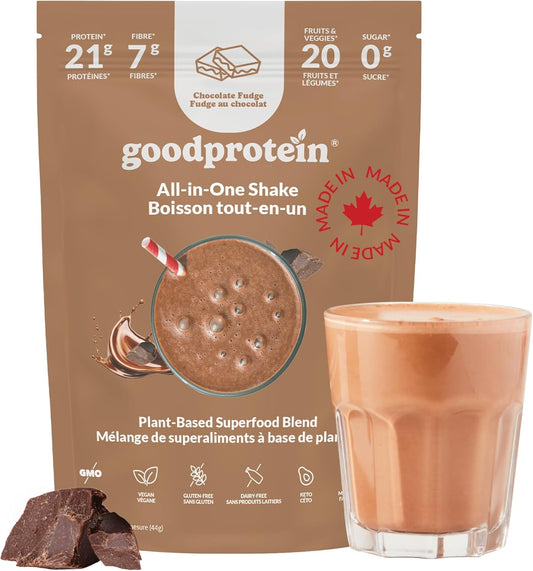 Goodprotein chocolate fudge shake package with a glass of shake and chocolate pieces on a white background