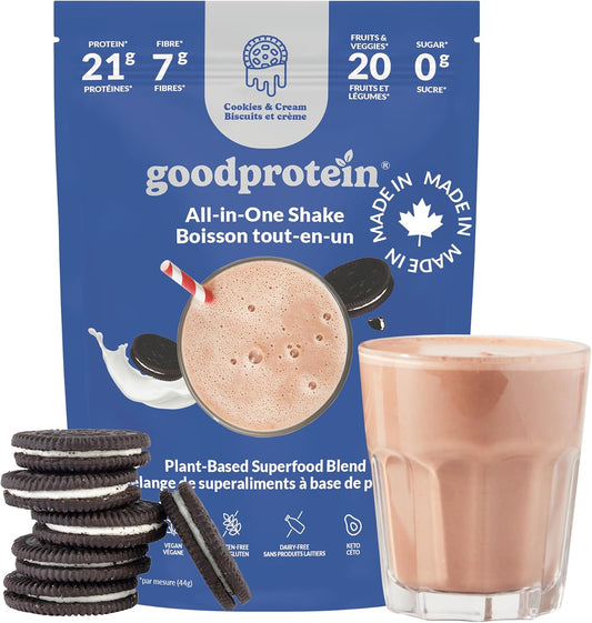 Goodprotein Oreo cookies and cream shake package with a glass of shake and cookies.