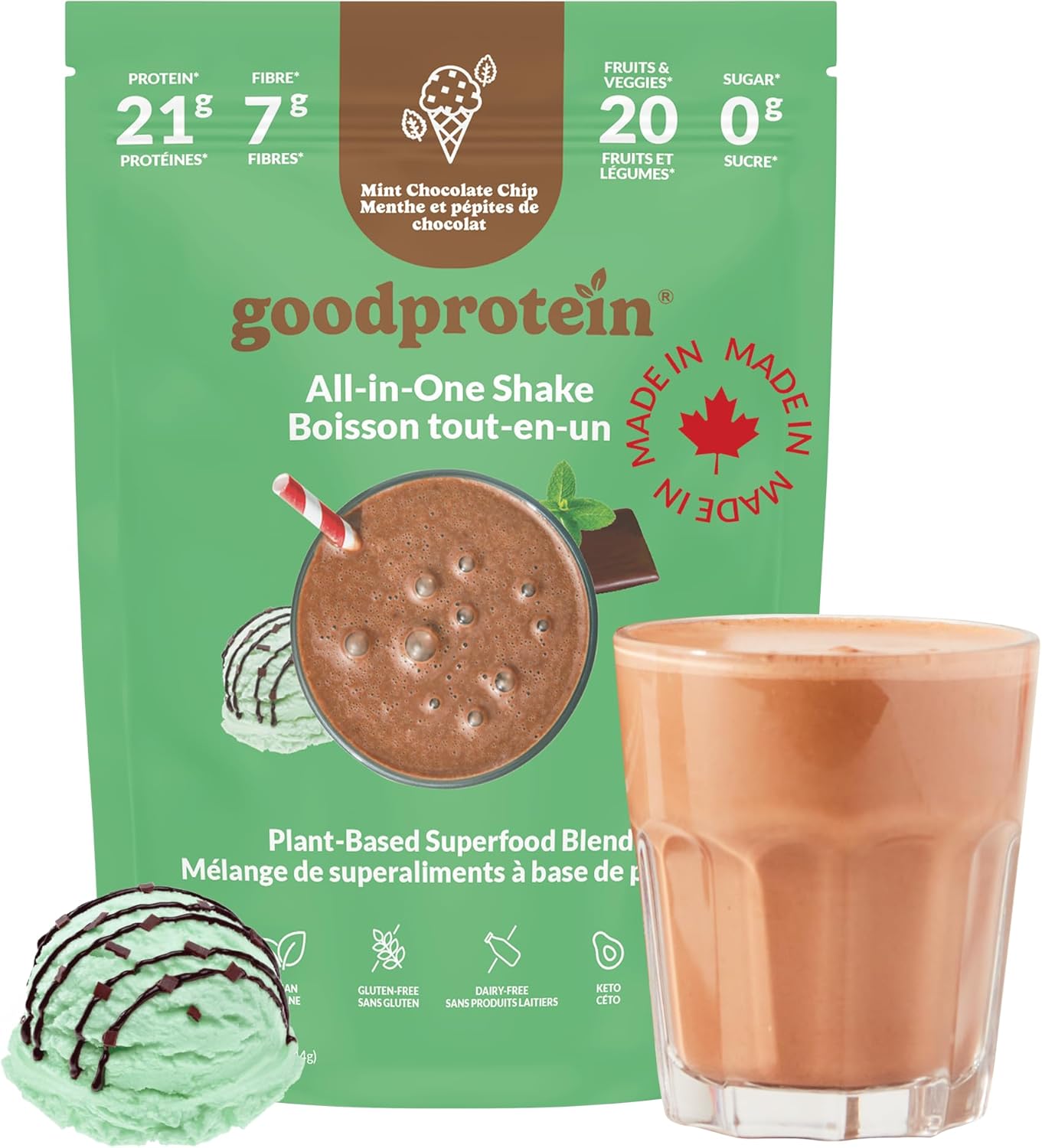 Goodprotein shake package with a glass of shake and mint chocolate chip ice cream.