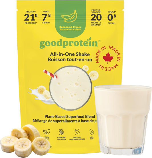 Goodprotein all-in-one shake package with a glass of shake and sliced bananas on a white background