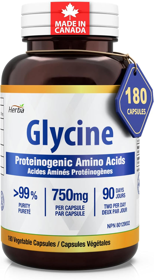 Glycine supplement bottle with label on a white background