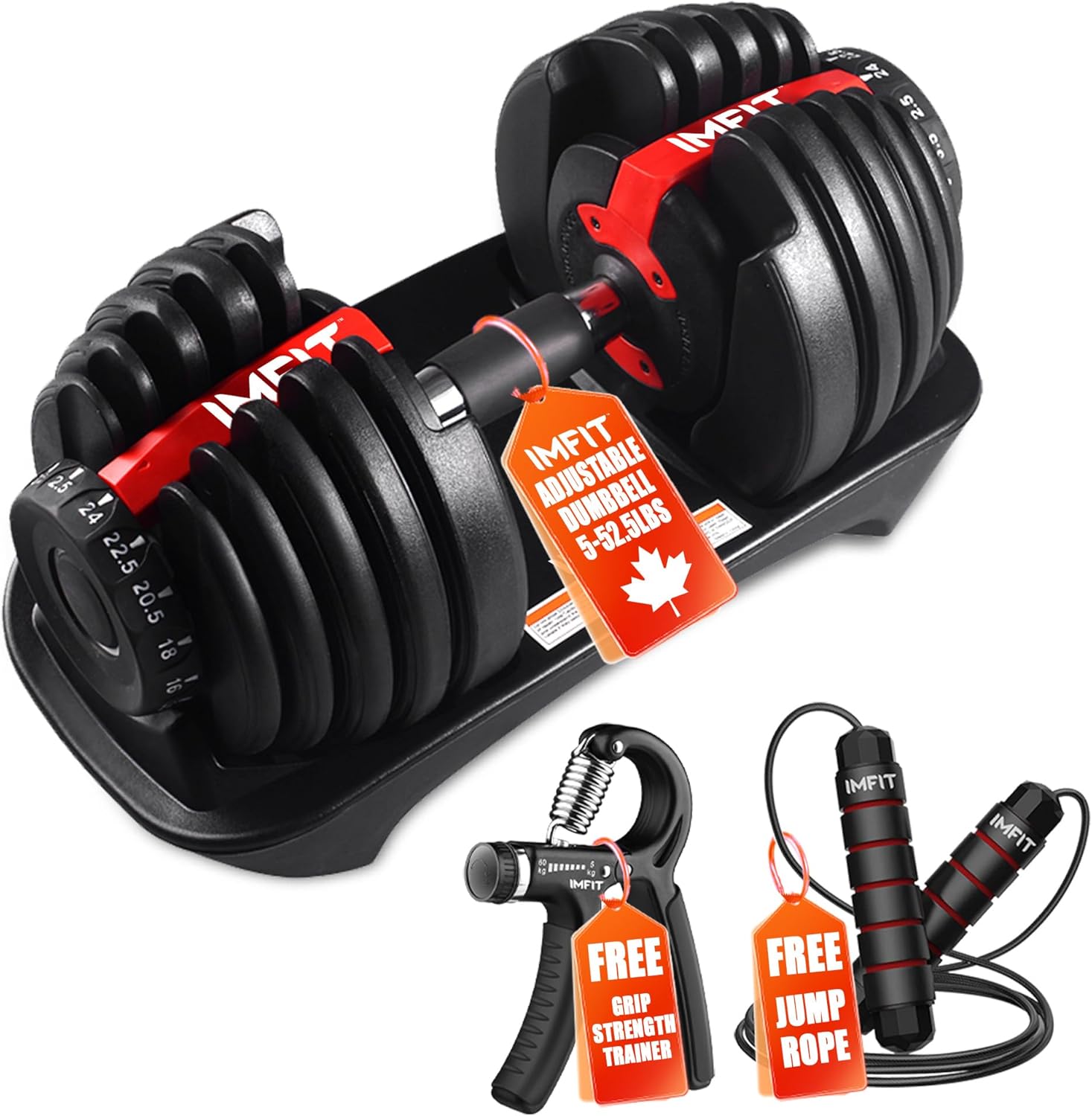 Pair of adjustable dumbbells with free grip strength trainer and jump rope on a white background