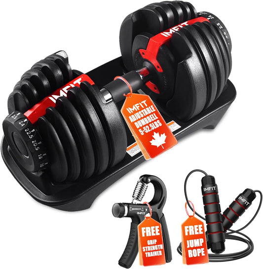 Pair of adjustable dumbbells with free grip strength trainer and jump rope on a white background