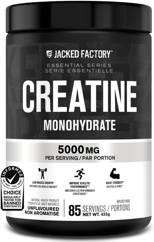 Jacked Factory Creatine Monohydrate supplement container with black and white label.