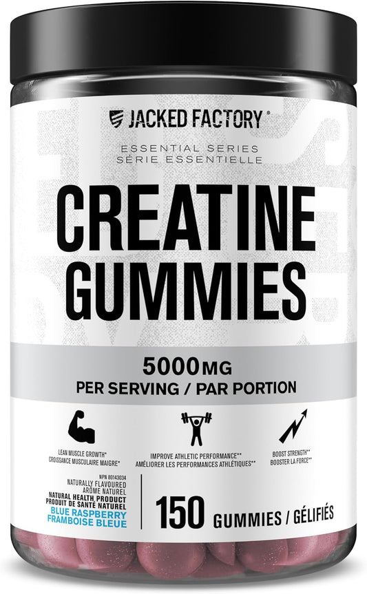 A jar of Jacked Factory Creatine Gummies, 5000mg, containing 150 pink gummies, shown against a plain white background.