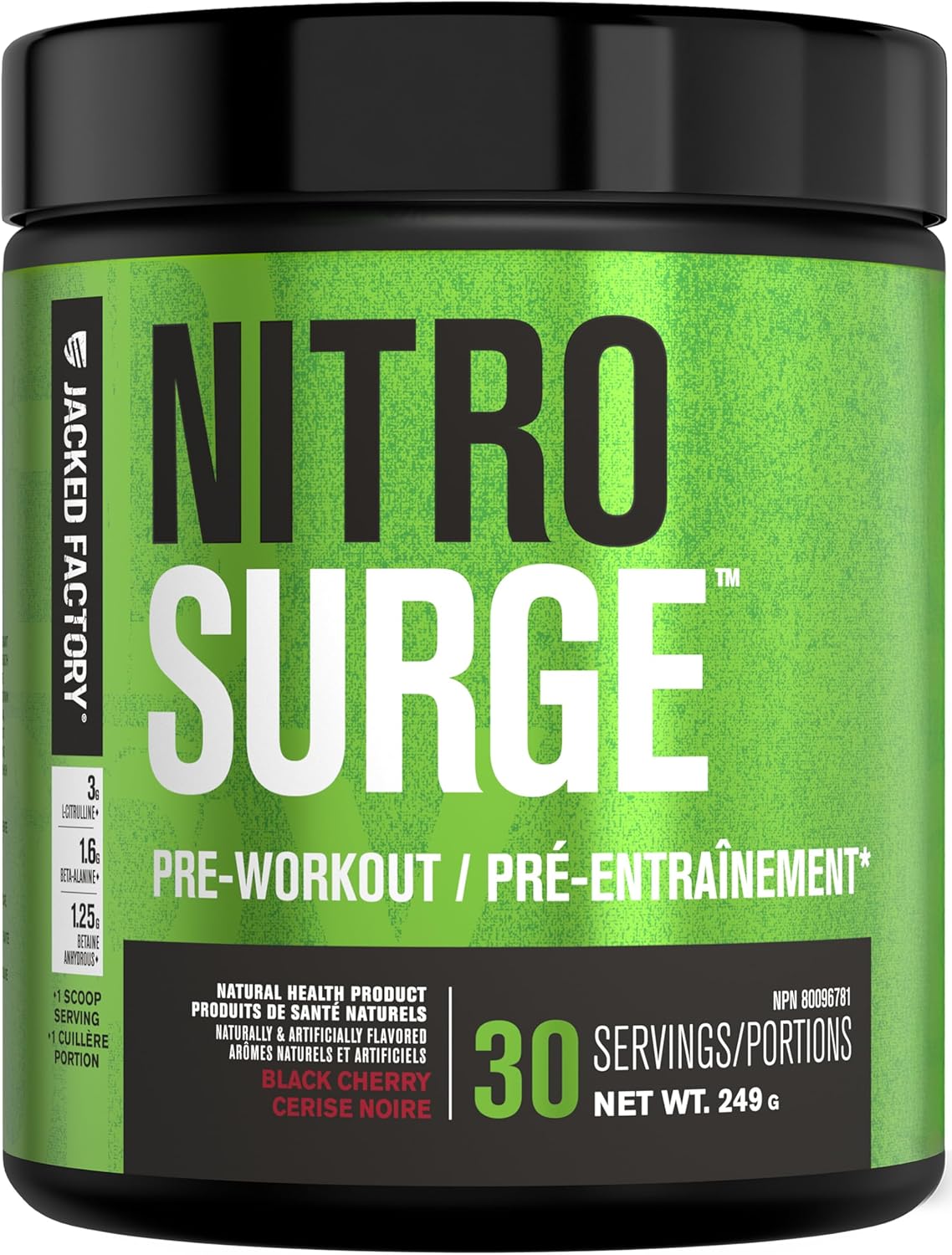 Jacked Factory Nitro Surge pre-workout supplement container with green and black design.