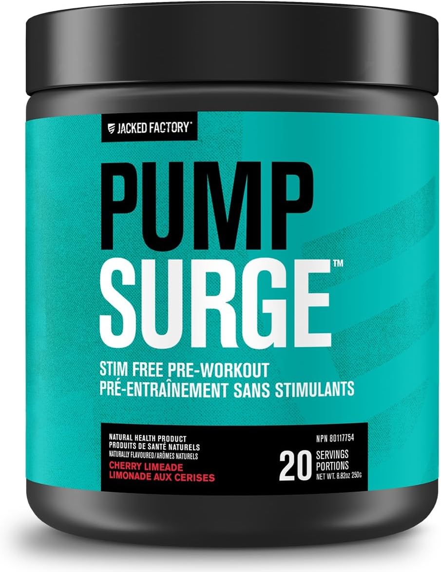 A black plastic tub of Jacked Factory Pump Surge pre-workout supplement with a bright teal label, shown on a clean white background.