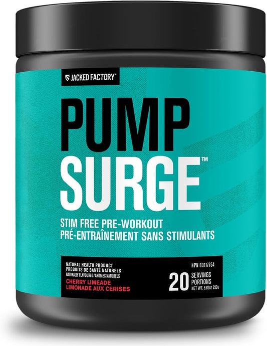 A black plastic tub of Jacked Factory Pump Surge pre-workout supplement with a bright teal label, shown on a clean white background.