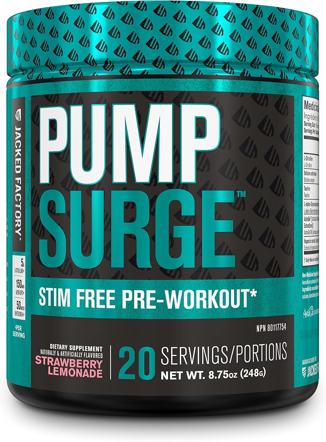 A tub of Jacked Factory Pump Surge pre-workout supplement in Strawberry Lemonade flavor. The container features a black and teal label with bold white and teal lettering, and a matching teal patterned lid.