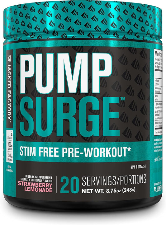 A tub of Jacked Factory Pump Surge pre-workout supplement in Strawberry Lemonade flavor. The container features a black and teal label with bold white and teal lettering, and a matching teal patterned lid.