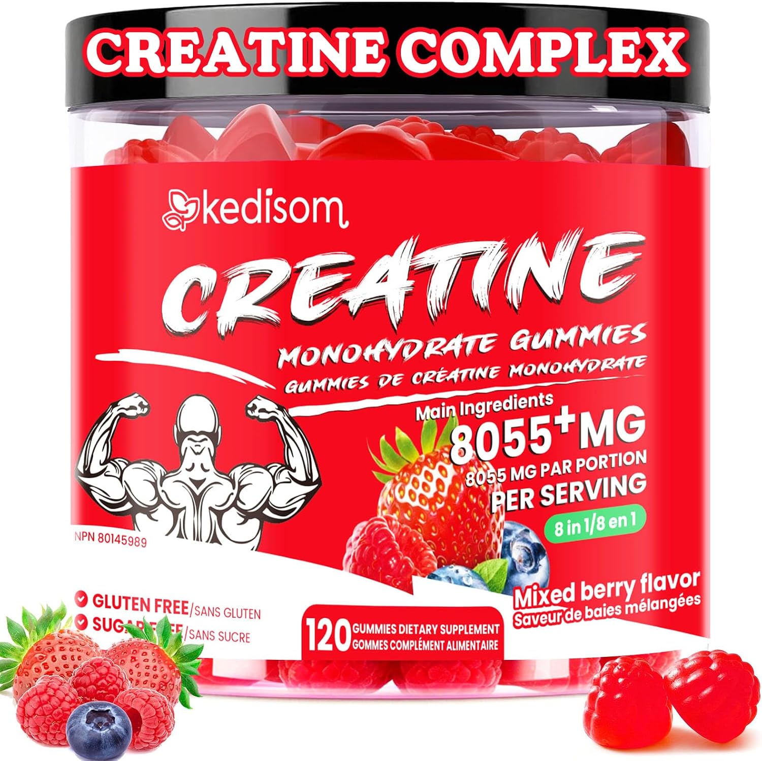 A jar of Kedisom Creatine Monohydrate Gummies, mixed berry flavor, with red gummies visible through the clear container and fresh berries on the label and around it, set against a plain white background.