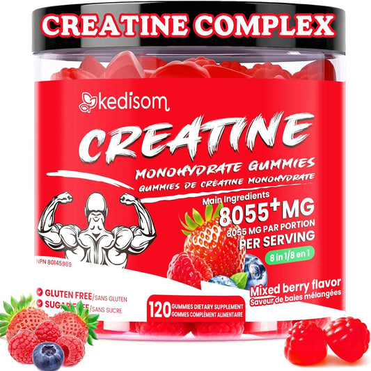A jar of Kedisom Creatine Monohydrate Gummies, mixed berry flavor, with red gummies visible through the clear container and fresh berries on the label and around it, set against a plain white background.