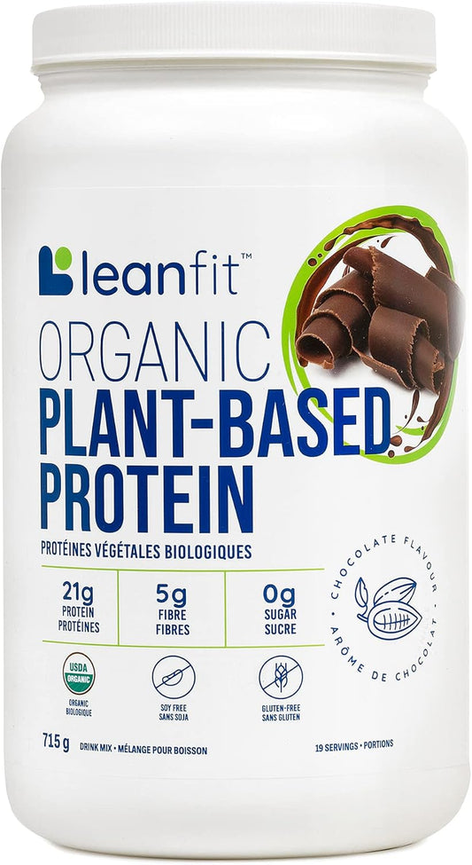 Leanfit Organic Plant-Based Protein container with chocolate flavor indication