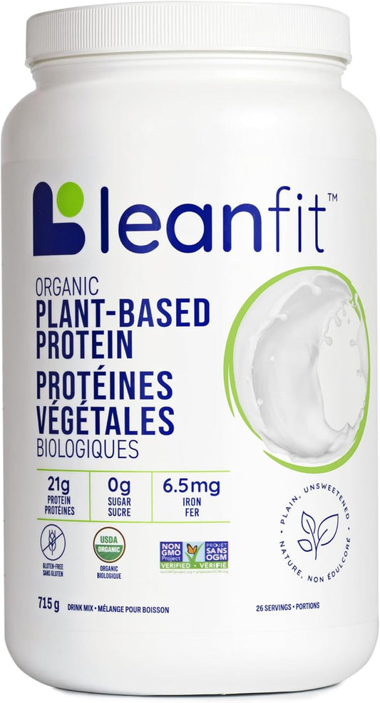 LeanFit organic plant-based protein powder container on a white background