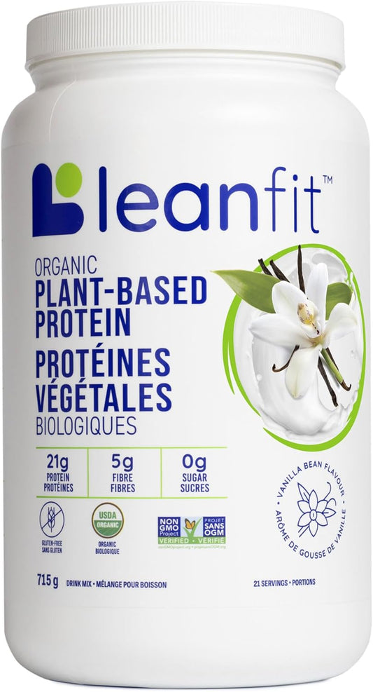 LeanFit organic plant-based protein powder container with vanilla bean flavor on a white background