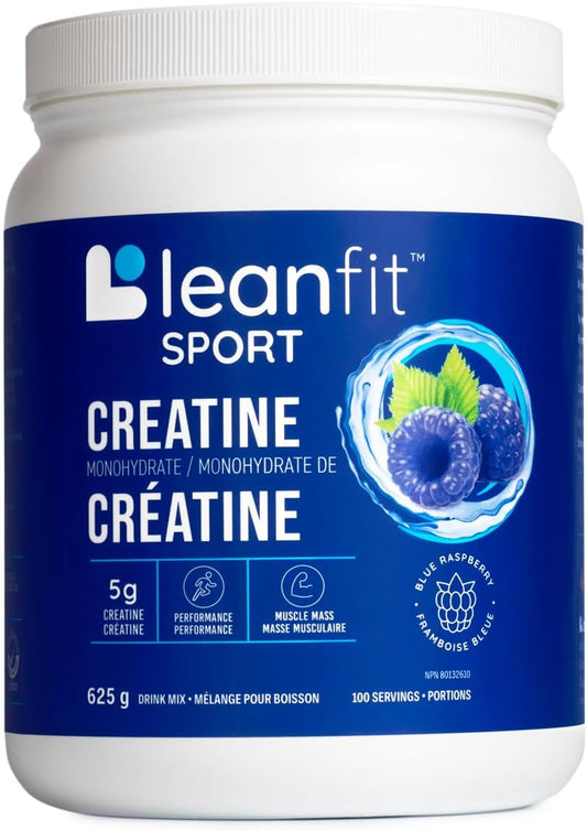 LeanFit Sport Creatine supplement container with blue label and white cap