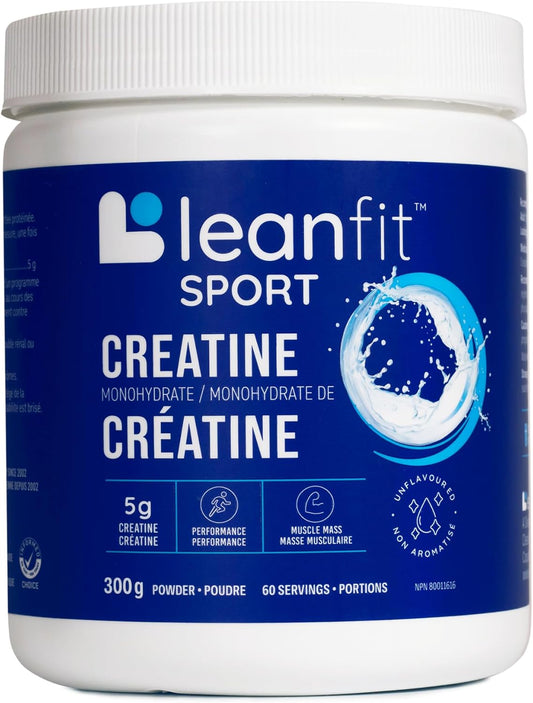 Leanfit Sport Creatine powder container with blue label and white lid.