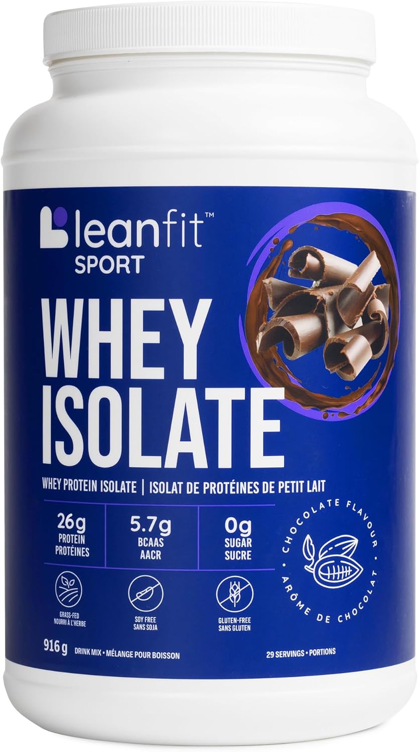 Leanfit Sport Whey Isolate protein powder container with blue label and white cap.