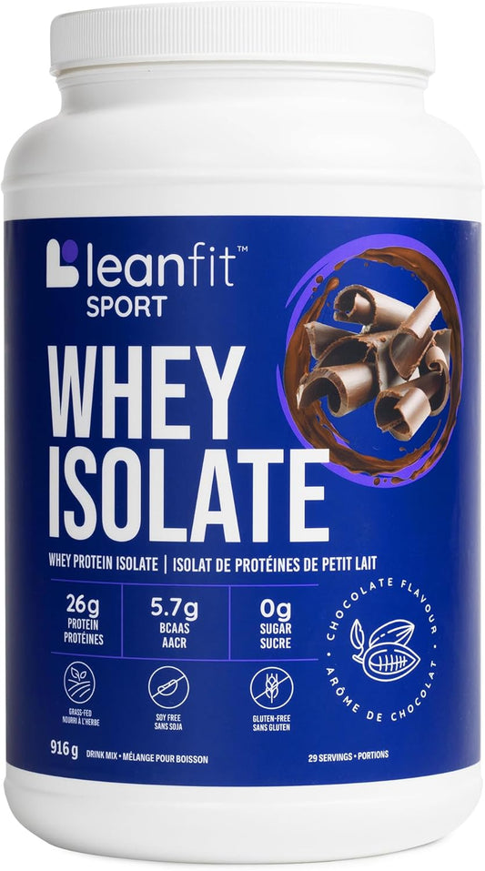 Leanfit Sport Whey Isolate protein powder container with blue label and white cap.