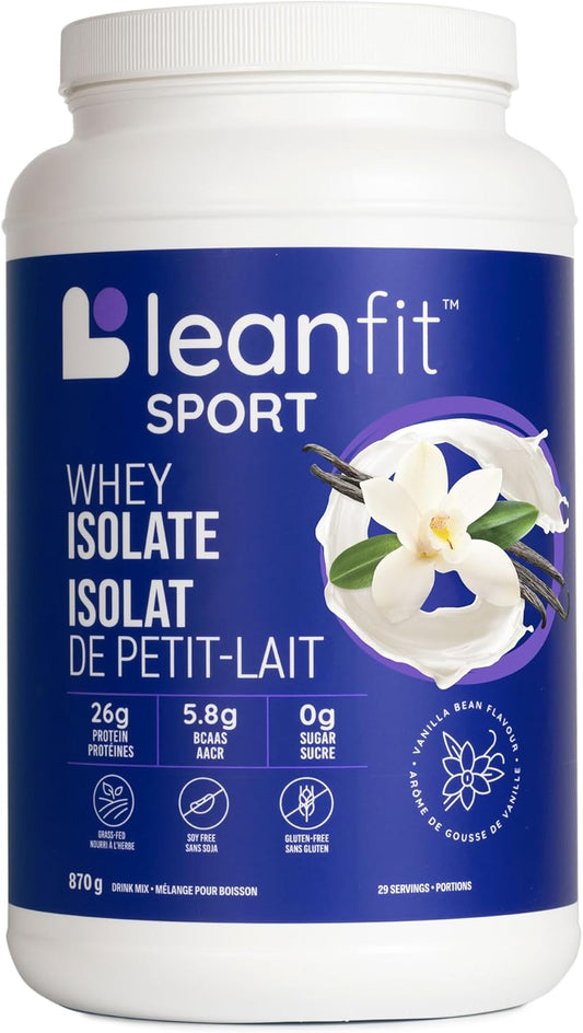 Leanfit Sport whey isolate container with vanilla flavor on a white background