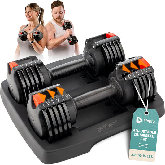 Adjustable dumbbell set with a tag indicating weight range and brand on a white background.