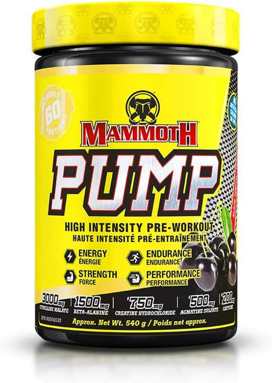 Mammoth Pump pre-workout supplement container with yellow lid and black base on a white background