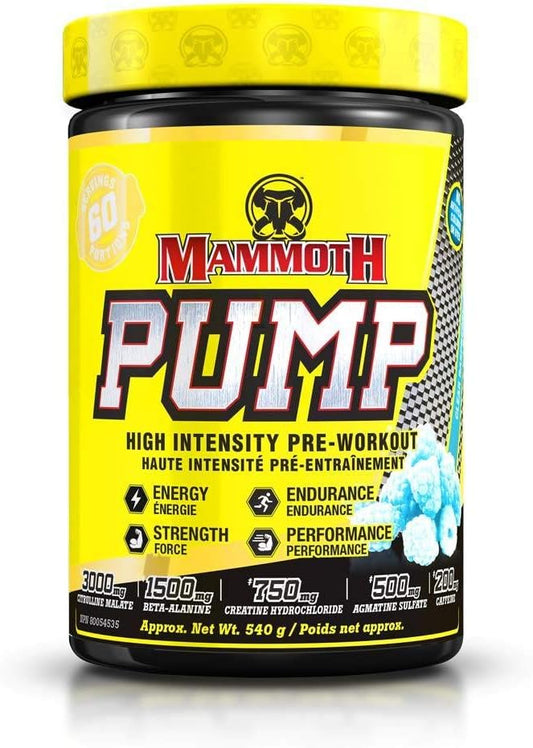 Mammoth Pump pre-workout supplement container with yellow lid and label.