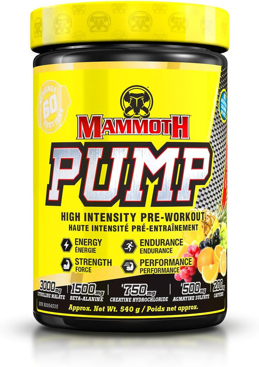Mammoth Pump pre-workout supplement container with yellow lid and label.